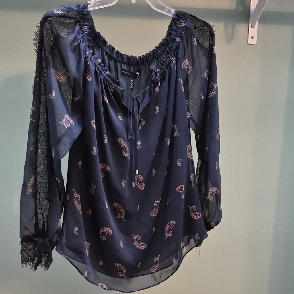 White House Black Market Navy Paisley Lace Blouse